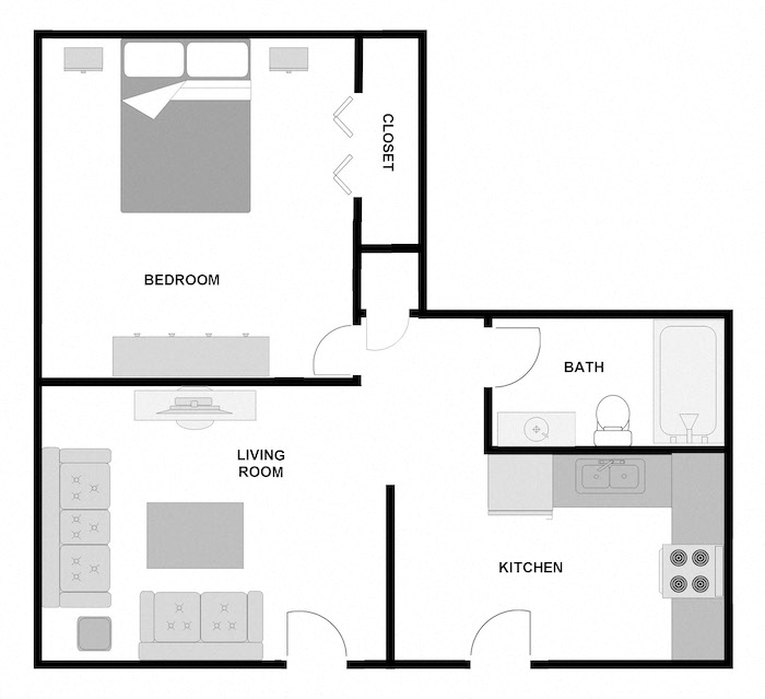 Floor plan for 1 bed, 1 bath, 550 sqft